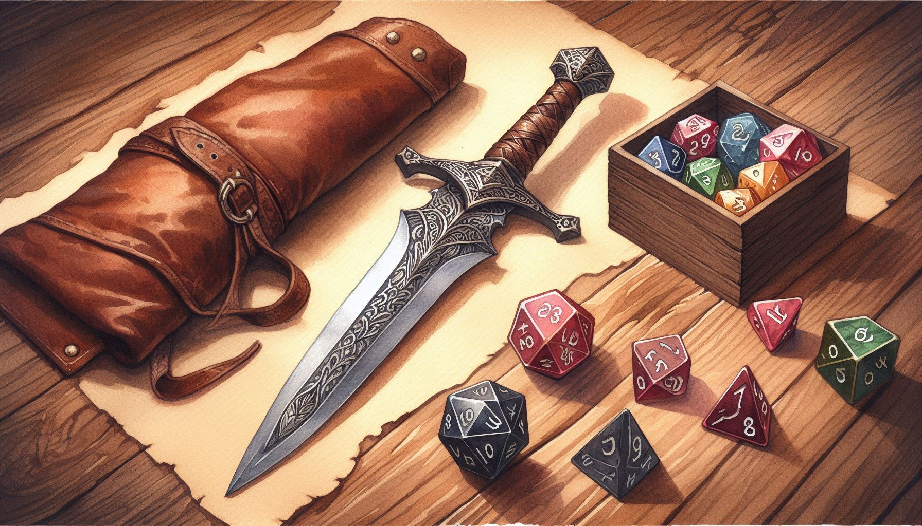 Dagger and Dice on a table