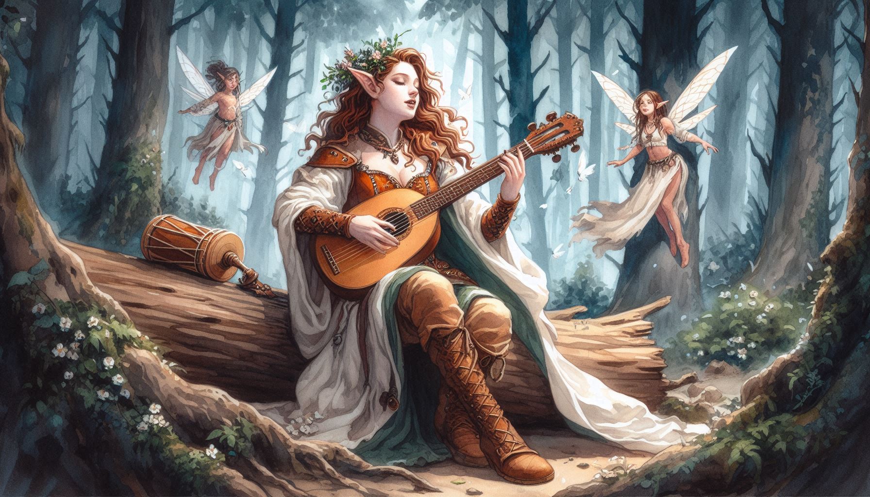 Water color painting of a dnd female bard playing the lute and singing whislt sat on a log in a mythical forest with some fairies floating around listening to her