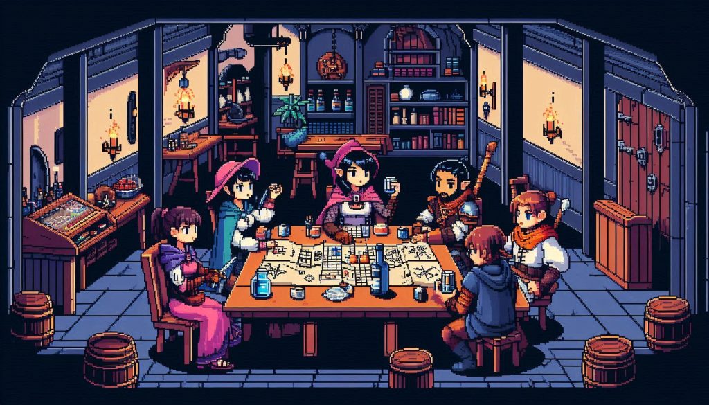 Pixel art illustration of people playing a ttrpg.
